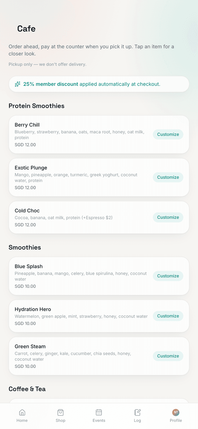 Sochill app cafe menu with the member discount applied