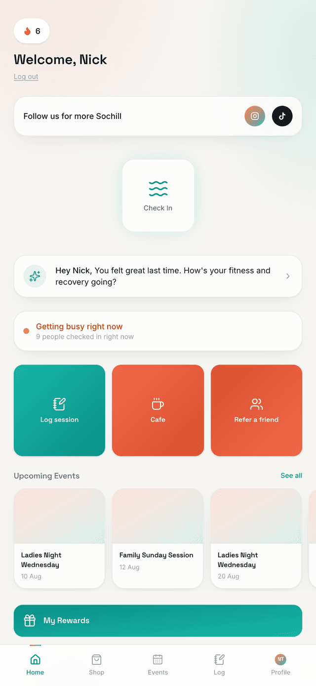 Sochill app home screen with the check-in button and streak
