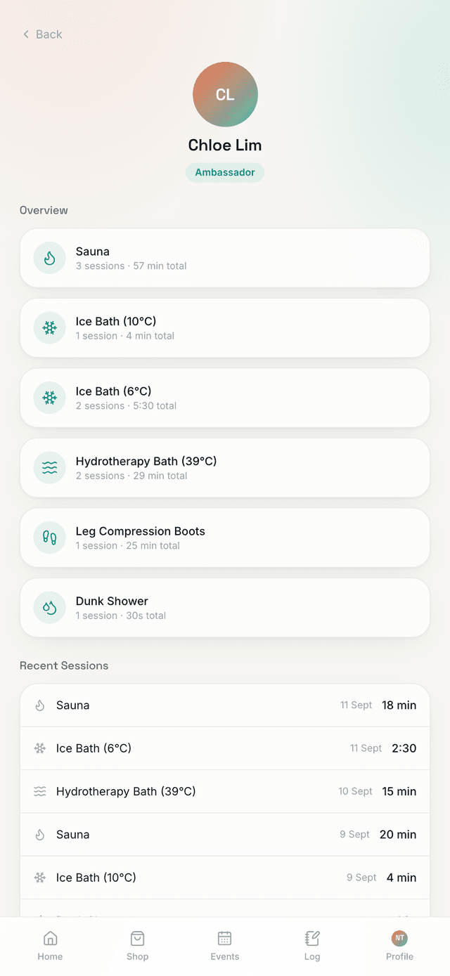 Sochill app ambassador profile with their sessions by facility