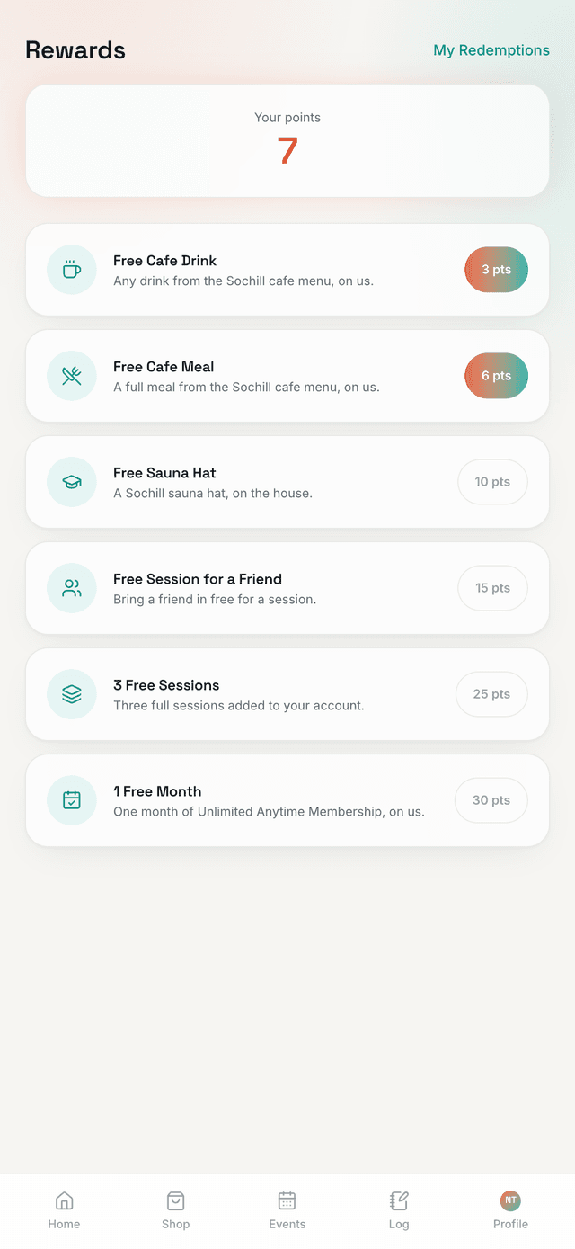 Sochill app rewards screen with points and redeemable rewards
