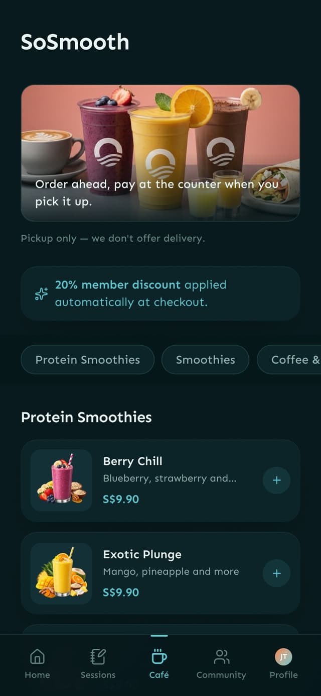 Sochill app SoSmooth cafe menu with the member discount applied