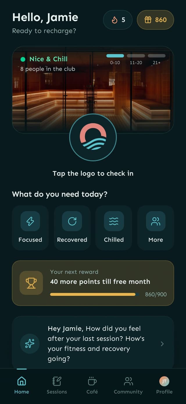 Sochill app home screen with the tap-to-check-in logo and next reward