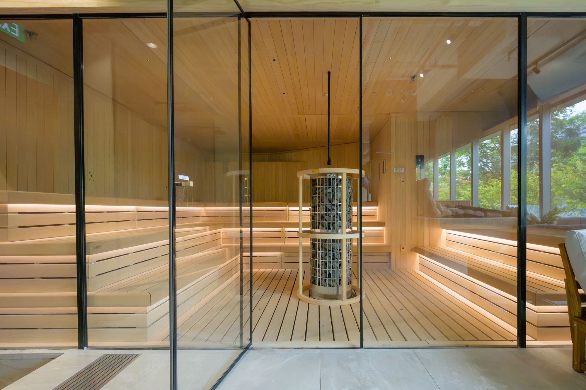 The Finnish sauna, warmly lit and ready