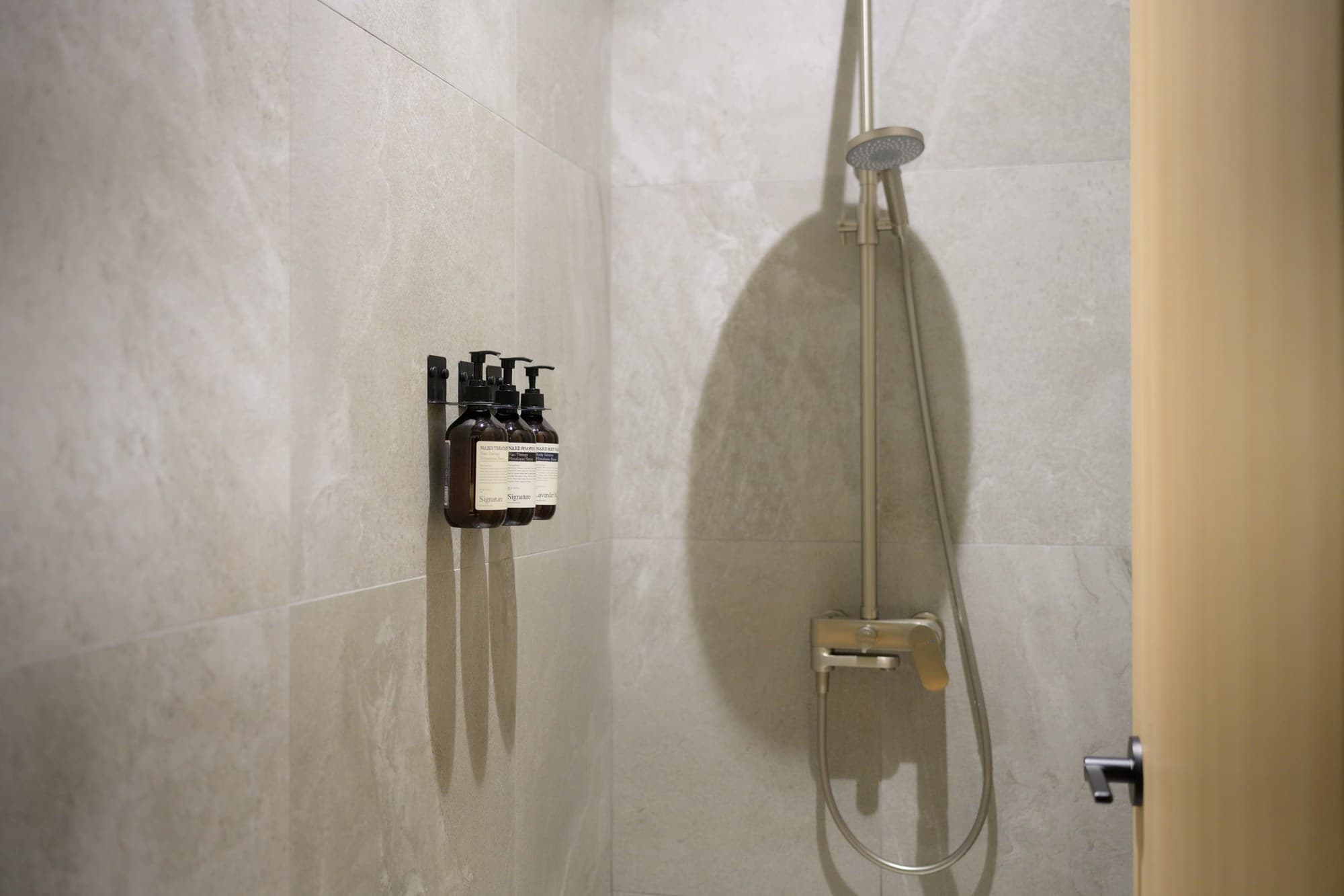 Everything provided — towels and amenities in every shower