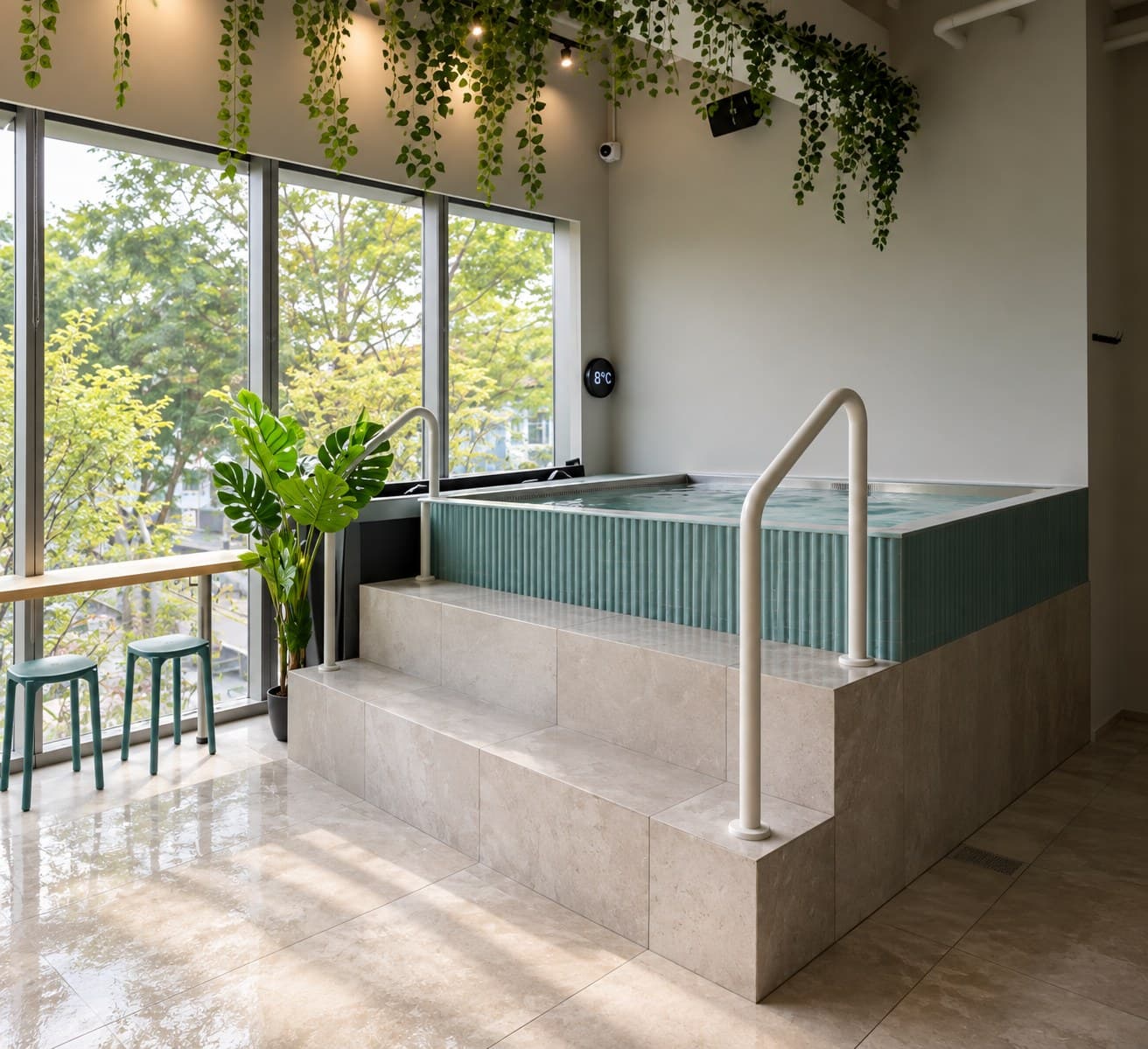 The cold plunge, floor-to-ceiling windows looking out onto greenery