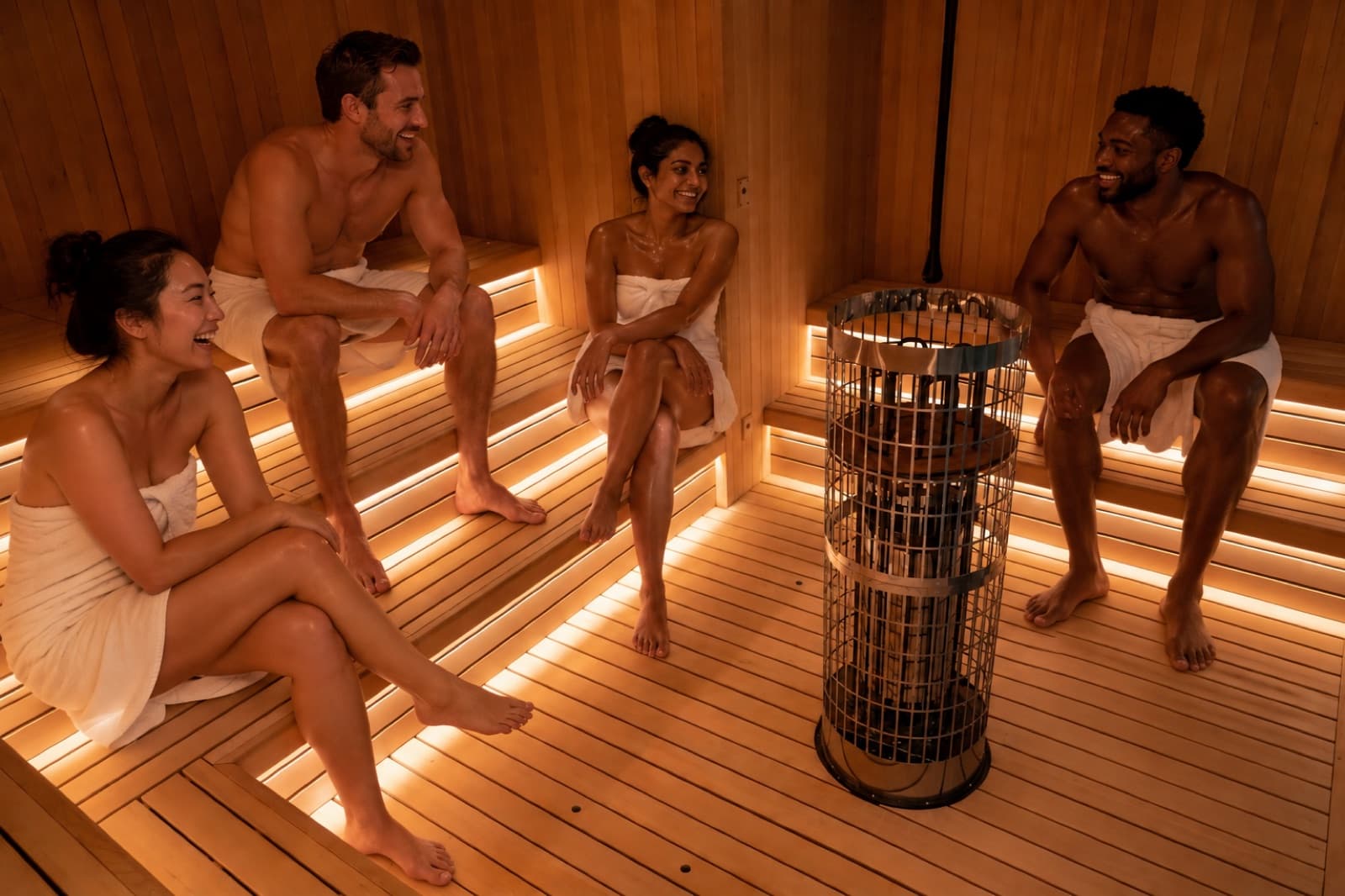 Colleagues relaxing together in the Sochill sauna during a private team hire