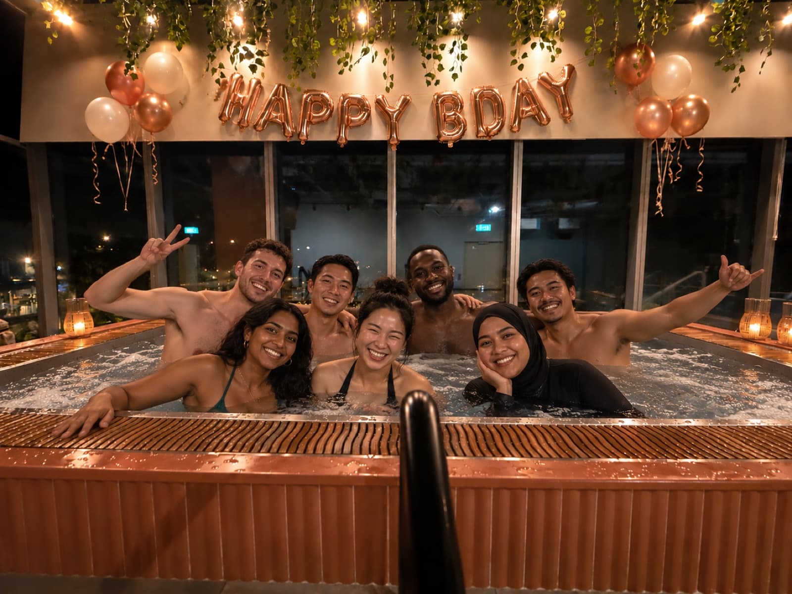 Friends celebrating a birthday in the SOCHILL hot tub, decorated with balloons and a Happy Birthday banner