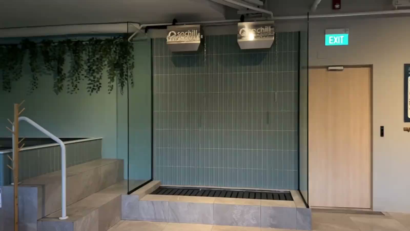 Cold plunge pool beside floor-to-ceiling windows and hanging greenery at SOCHILL Bath Club